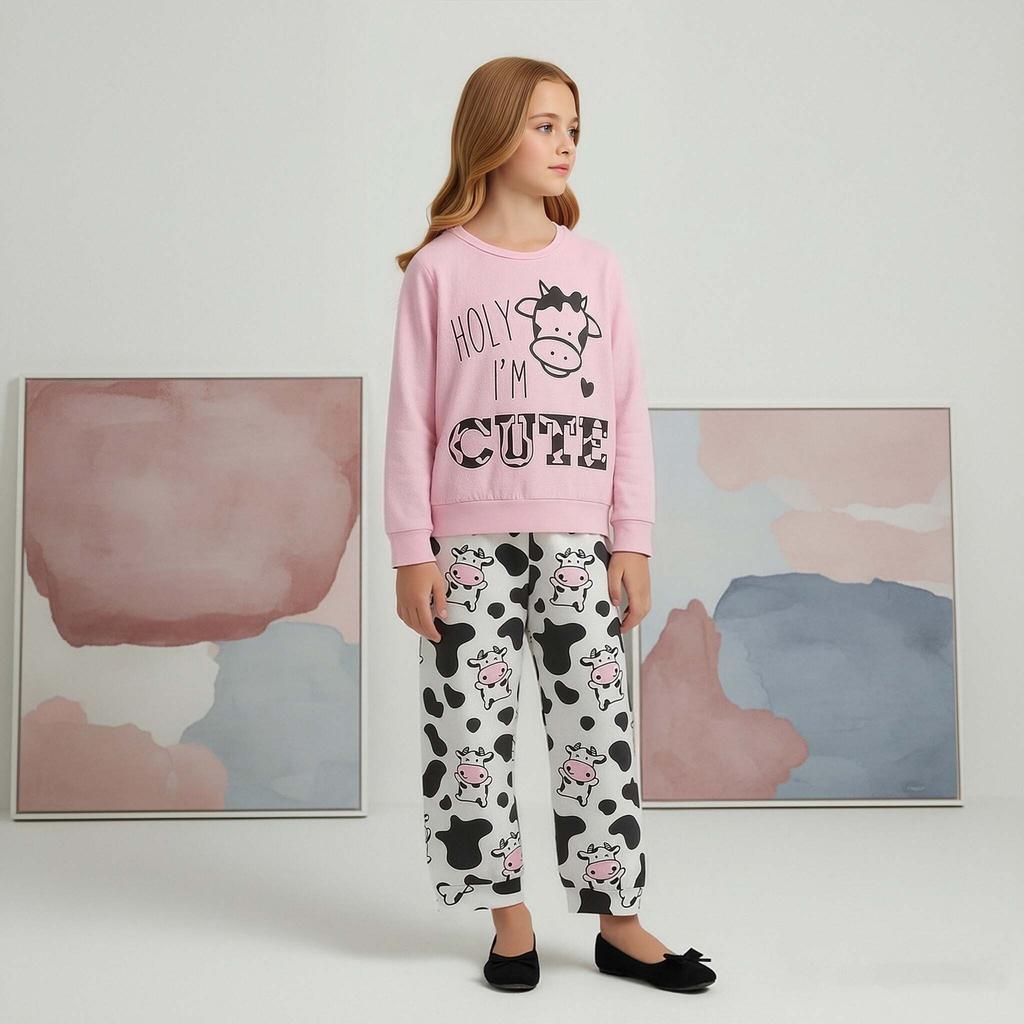 Little Girl 2PCS Set 1-8 Years Old Pink Sweatshirt and Cow Print Long Pants Kids Casual Daily Wear or Pajamas Set