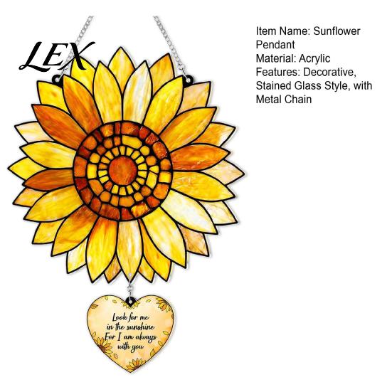 Floral Wall Art Hanging Stained Glass Style Sunflower Pendant, with Metal Sunlight Reflecting Pendant Chain, Acrylic Ornament for Home Garden