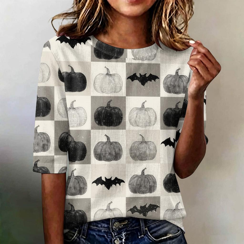 Women's Casual Loose Fit Half Sleeve Top Round Neck Lightweight Comfortable Halloween Pumpkin Print Shirt for Everyday Wear