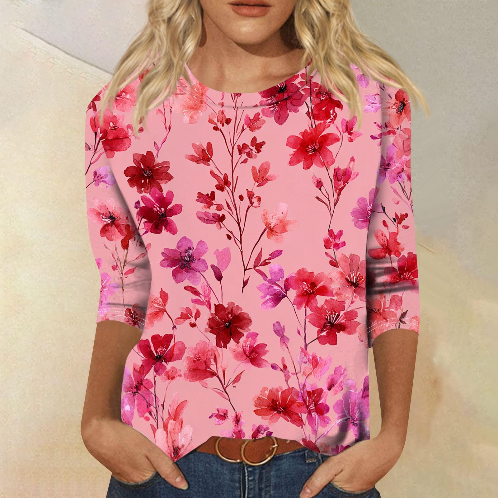 

Women’s Casual Crew Neck Three Quarter Sleeve Floral Print T Shirt Top for Spring and Summer Relaxed Fit Comfortable Style M розовый