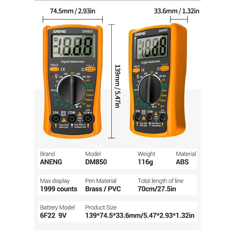 Portable ANENG DM850 Digital Multimeter 1999 Counts AC/DC Votage Ohm Current Detector Ammeter+B15 Voltage Tester Pen Electrician Tools Digital Display