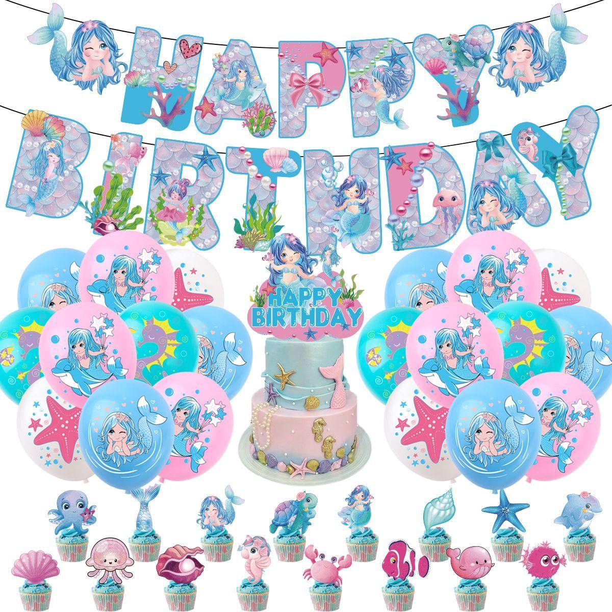 Mermaid-themed Birthday Party Supplies and Ocean-themed Items Include Flag Banners, Balloon Cakes, Tablecloths and Decoration Sets cm