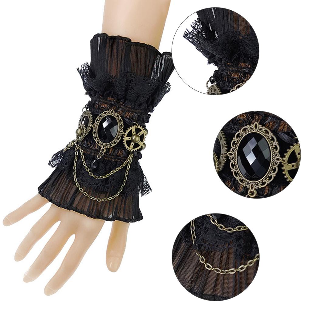 Gothic Steampunk Ruffled Lace Wrist Cuffs Fake Sleeve Crystals Gear Fingerless Gloves Halloween Arm Warmer Bracelet