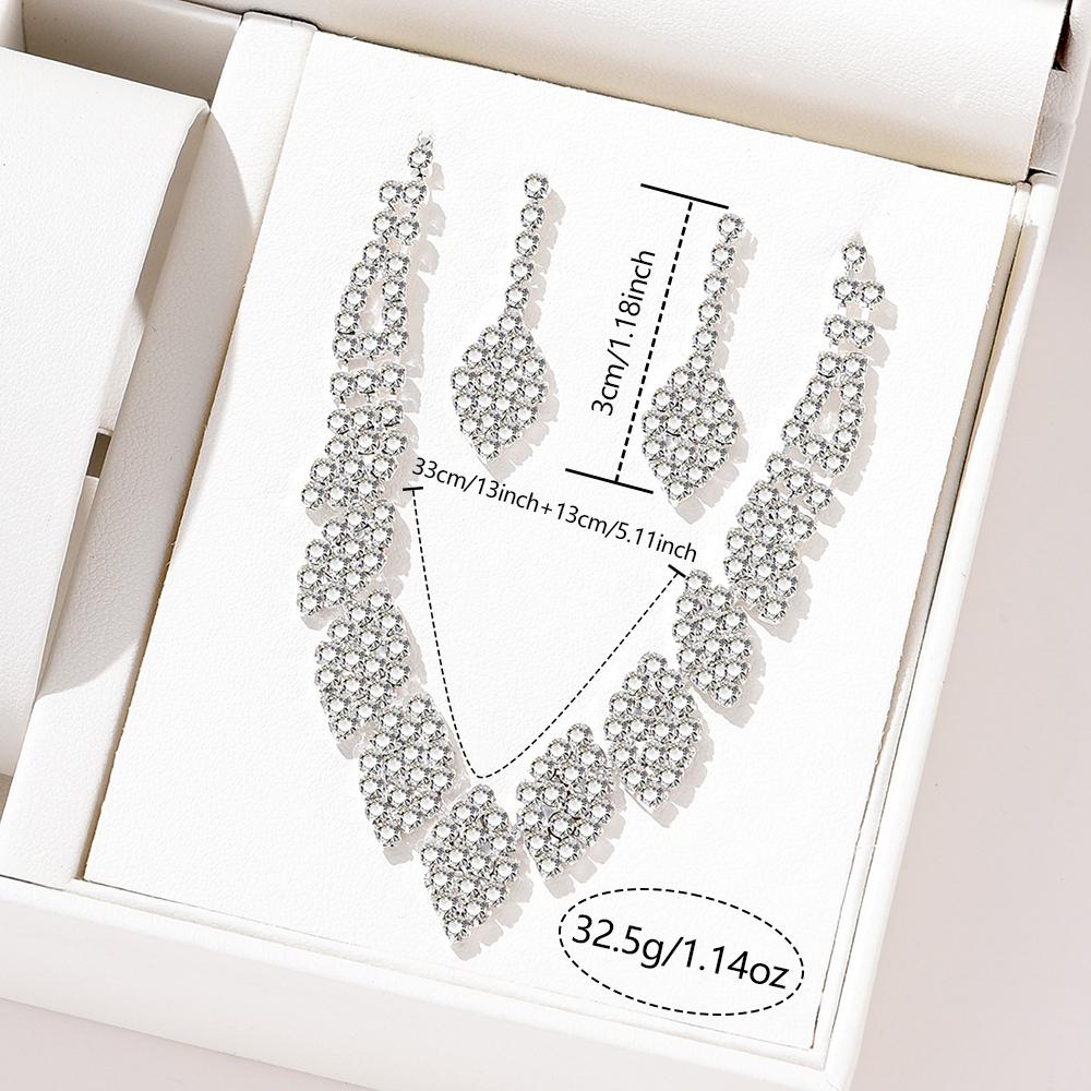 3 Piece Women Rhinestone Necklace Earring Set Luxurious Sparkling Copper Plated Leaves Fashionable Elegant High Accessories