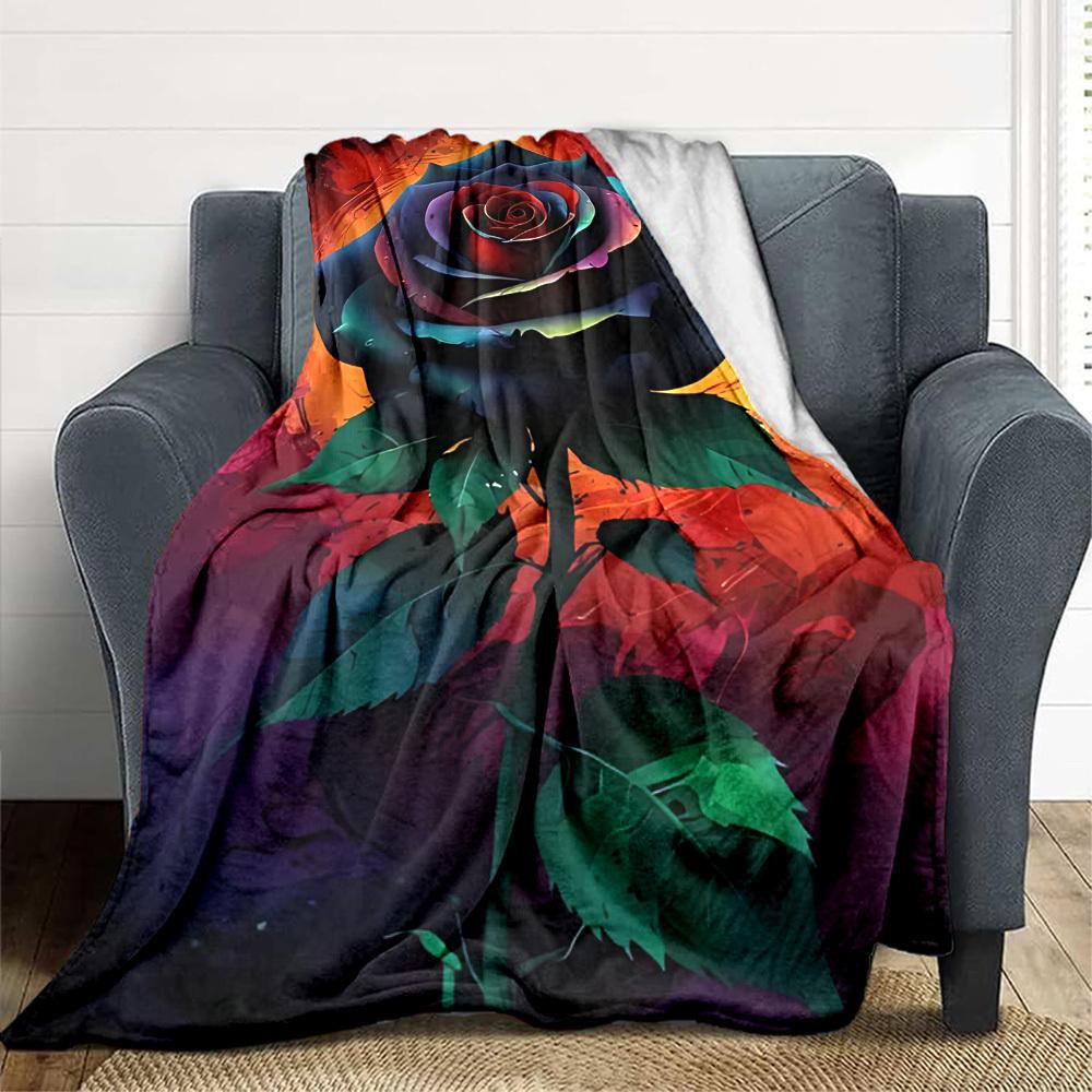 1pc Rainbow Rose Print Blanket - Lightweight Flannel Throw Blanket For Sofa, Bed, Living Room, Office, Outdoor Travel, Camping, Soft All-Season092