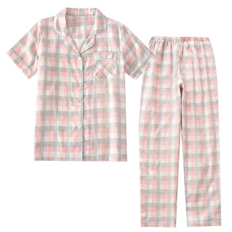 Spring and Autumn New Couple Pajamas Women's Short-sleeved Trousers Men's Cardigan Plaid Simple and Sweet Loose Korean Version of Loungewear