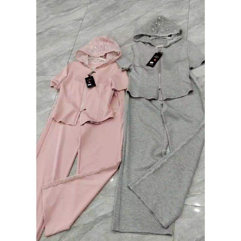 

Slim Fit High Casual Sports Suit Summer! Women s Lace Hooded Front Zipper Hoodie T-shirt + Pants Loose Pants Grey 4XL