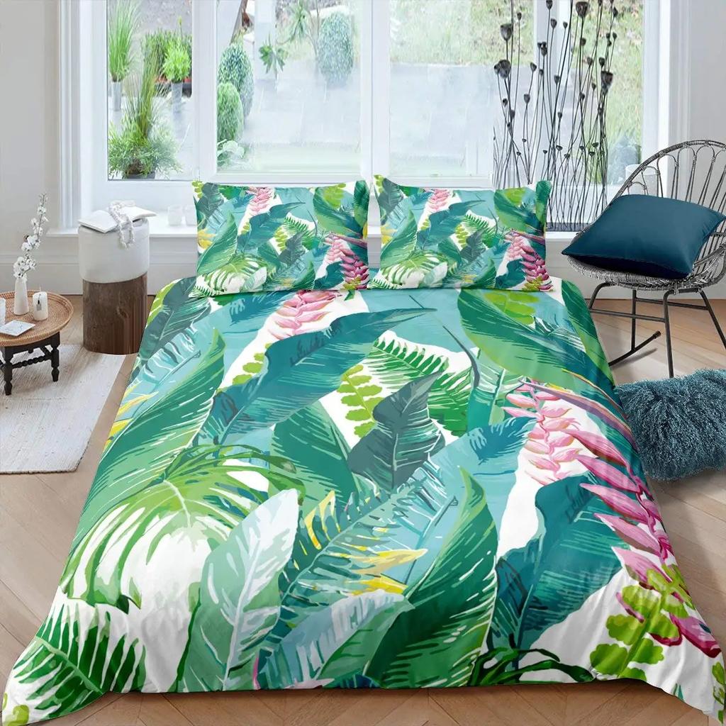 Palm Leaves Duvet Cover King Full Banana Leaves Bedding Set Hawaiian Tropical Leaves Green Branches 2/3Pcs Polyester Quilt Cover