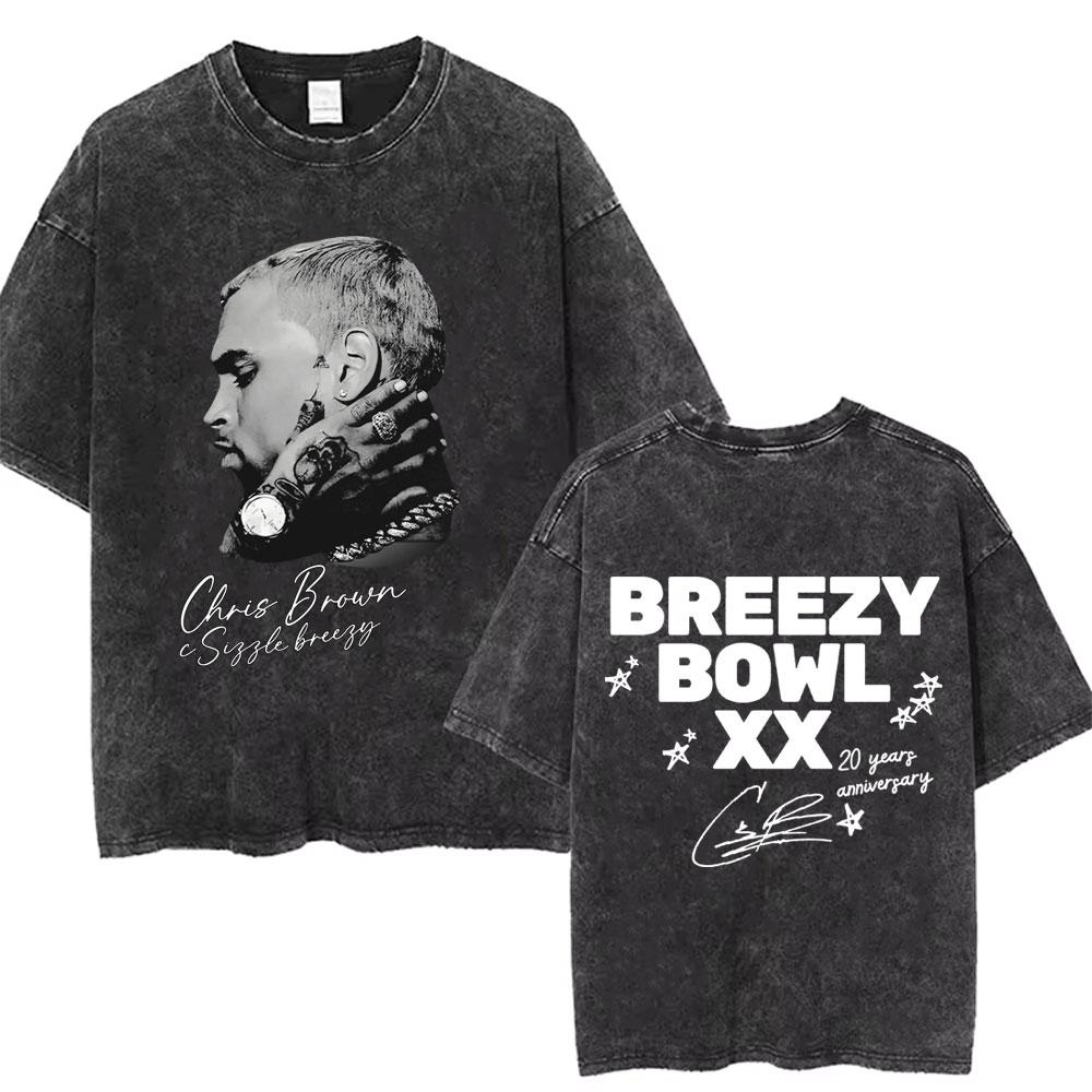 Retro gewaschen Chris Brown Breezy Bowl XX Tour Grafik T-Shirts Herren Hip Hop Mode Freizeit-T-Shirts Unisex Sommer Baumwoll-T-Shirts