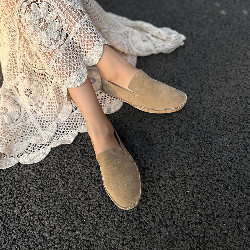 Johnature Retro Handmade Cow Suede Loafers Versatile Round Toe Soft Soled Women's Flat Slip-on Shoes