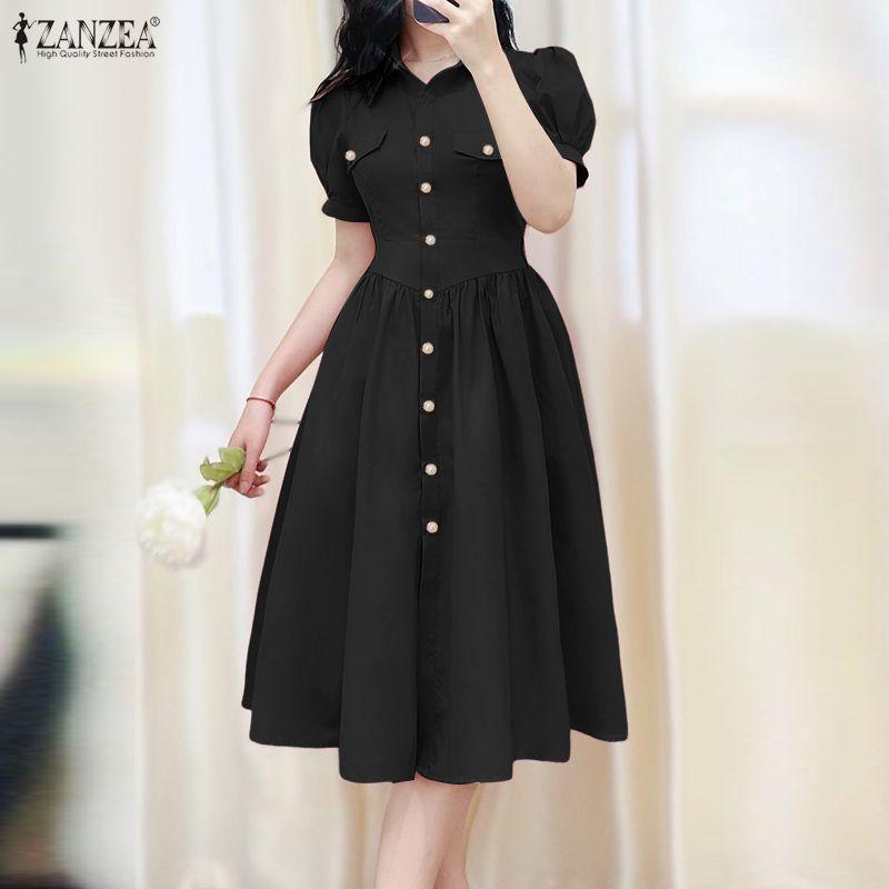 ZANZEA Vestido Casual de Verão Feminino com Gola Reversível, Cor Sólida e Manga Curta