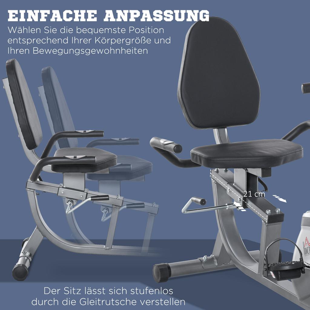 Ergometer mit LCD-Display, 8-stufige einstellbare Magnetwiderstand, Liegeergometer mit Herzfrequenzsensoren