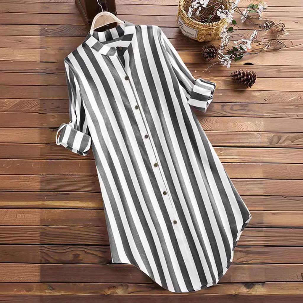 Plus Size Women's Long Sleeve Striped Casual Shirt with Roll-Up Sleeves