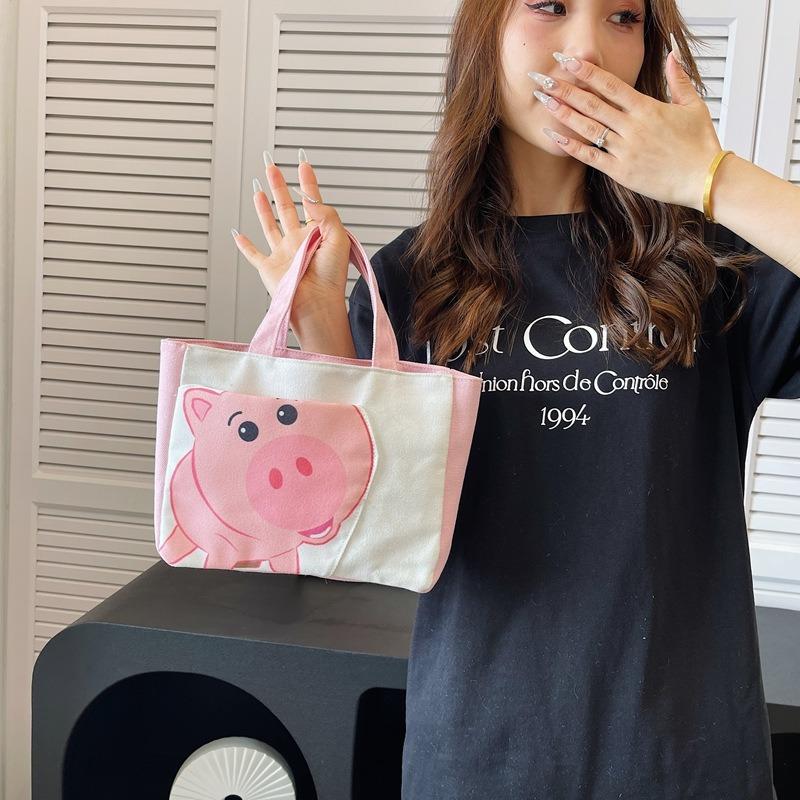 Summer new handbag cute cartoon printed piggy girl student storage portable canvas bag