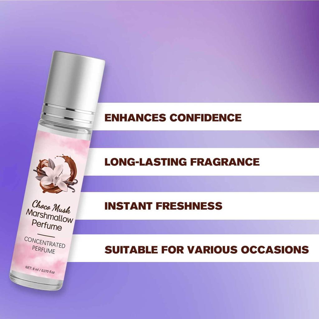 Choco Musk Marshmallow Perfume 8ml, Long Lasting Sweet Gourmand Fragrance, Women's Eau de Parfum, Portable Perfume Oil Roll On