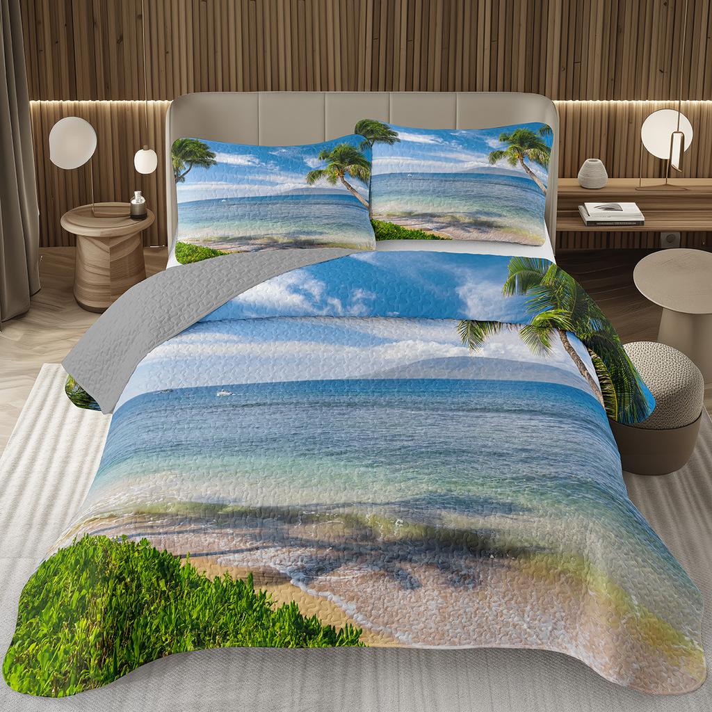 Beach Bedspread Tropical Palm Tree Coverlet SetSea Ocean Quilt Set Twin King Size Seaside Landscape Coastal Theme Bedding Sets