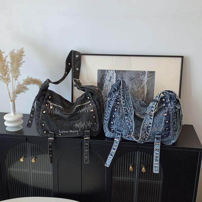 Denim Shoulder Bag With Studs And Love Buzz Print For Women