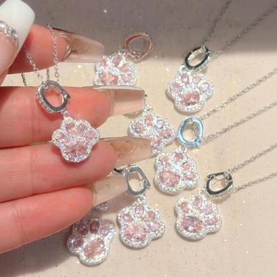 Silver Tone Pink CZ Cat Paw Necklace, Cute Animal Pendant Dainty Chain for Women
