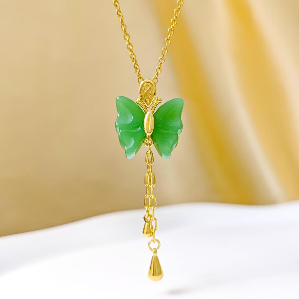 Modern Chinese Hetian Jade Butterfly Tassel Necklace - Elegant Clavicle Chain for Women