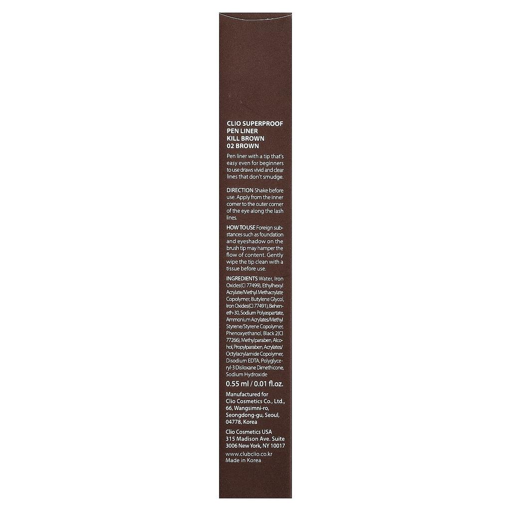 Clio, Super Proof Pen Liner, Kill Brown, 02 Brown, 0.55 ml (0.01 fl oz)