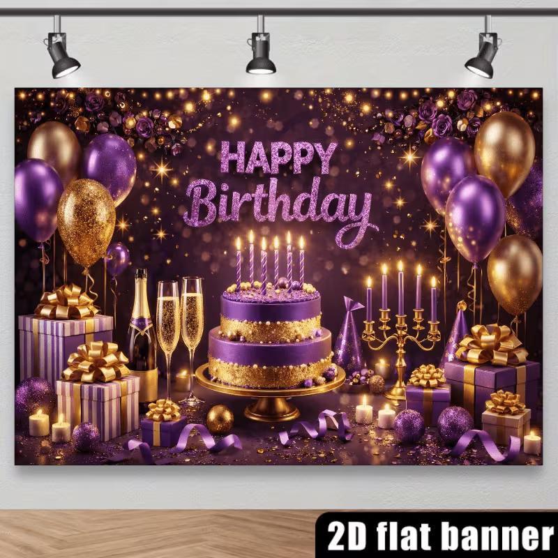 2D Purple Gold Birthday Banner Cake Table Background Photo Booth