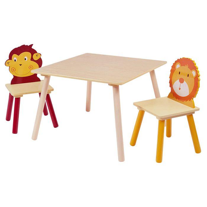 GINGER HOME Kindertisch + 2 Holzstühle – Thema TIERE – Spielen, Malen, Essen, Lernen – Für Kinderzimmer oder Kindergarten