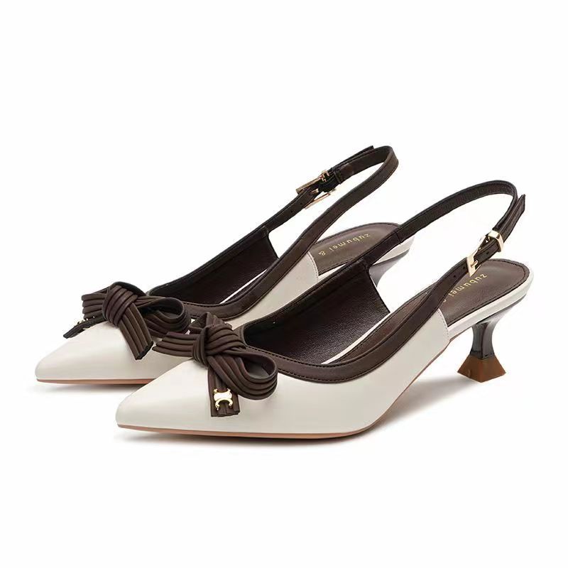 

2025 Французские элегантные туфли на высоком каблуке с бантом, женские туфли на тонком каблуке с тиснением в клетку, с заостренным носком, сандалии 34
