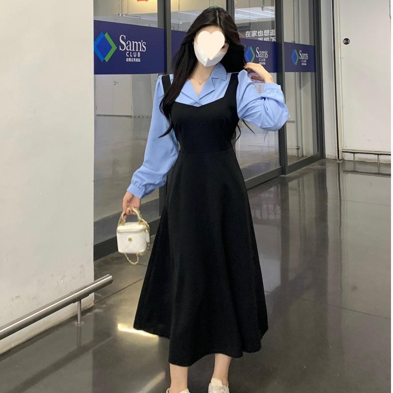 

Autumn new large-size fat sister contrasting color splicing fake two-piece waist and thin dress to cover the belly A-word skirt M