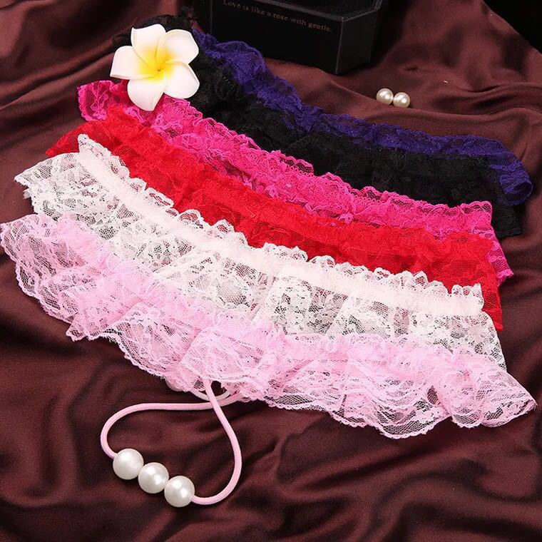 Sexy Panties Pearl Massage Transparent Thong Lace Low Waist Hot Open Pants Sexy Temptation Free
