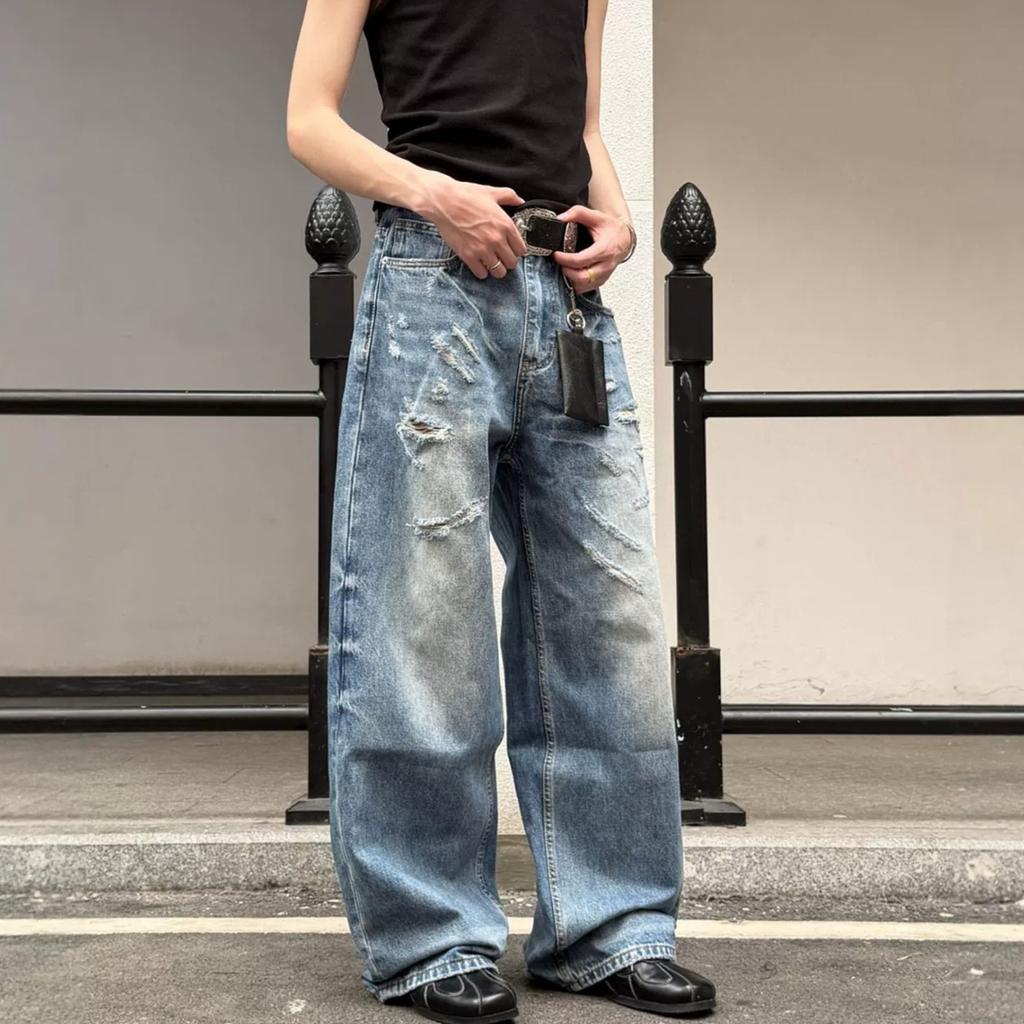 American Trendy Brand Washed Blue Old Cat Whisker Niche Design Ripped Loose Straight Jeans Casual Versatile Trousers
