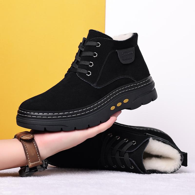 Winter New Men's Cotton Shoes, Genuine Leather, Wool and Fur Integrated Warm Casual High-top Boots, Anti-velvet Cowhide Men's Shoes
