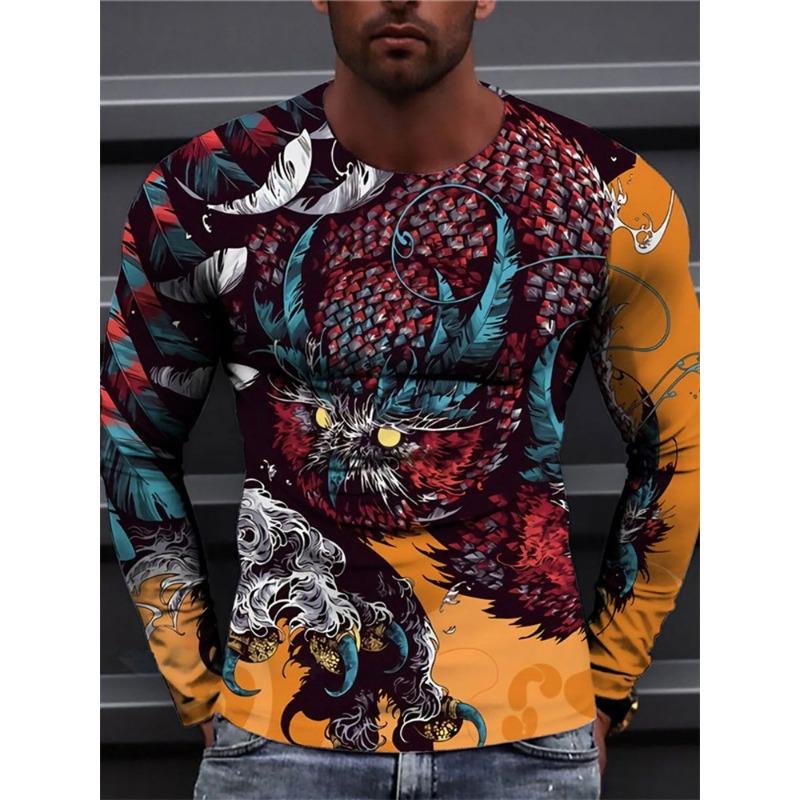 Oriental Dragon Printed Men's Long Sleeve T-shirt Autumn Daily Street Men's Fashion Long Sleeve T-shirt Casual Long Sleeve Top