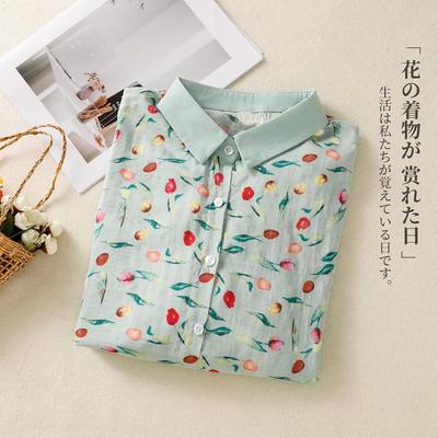 Chemise imprimée à manches courtes en coton et lin léger et respirant pour l'été 2025 pour femmes, ample et fin, haut cardigan floral à col polo