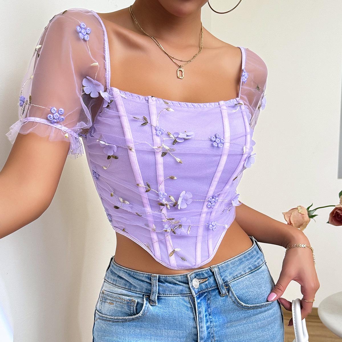 

Сексуальный вышитый двухслойный сетчатый утягивающий жилет на косточках 60871 M фиолетовый