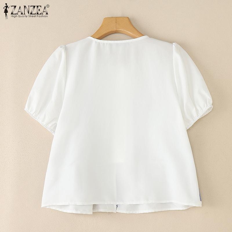 ZANZEA Women Summer Round Neck Plaid Print Patchwork Short Sleeve Blouse