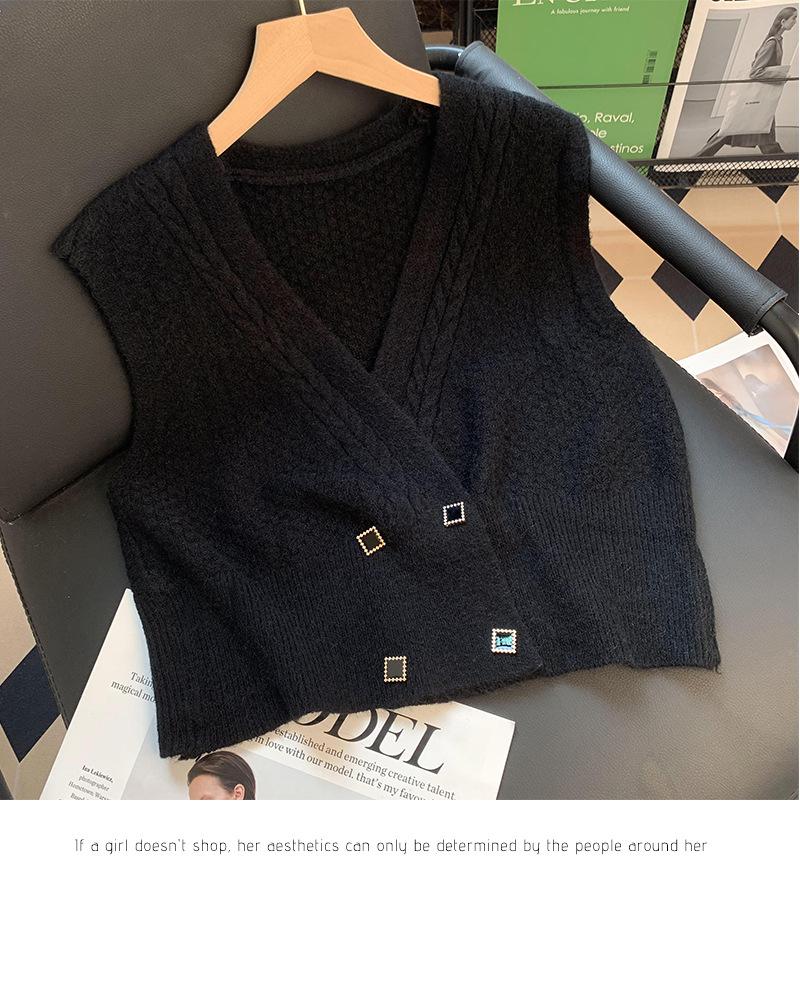 Big V-neck Solid Color Knitted Vest for Women's Outerwear Cardigan Korean Version Sleeveless Jacket for Women