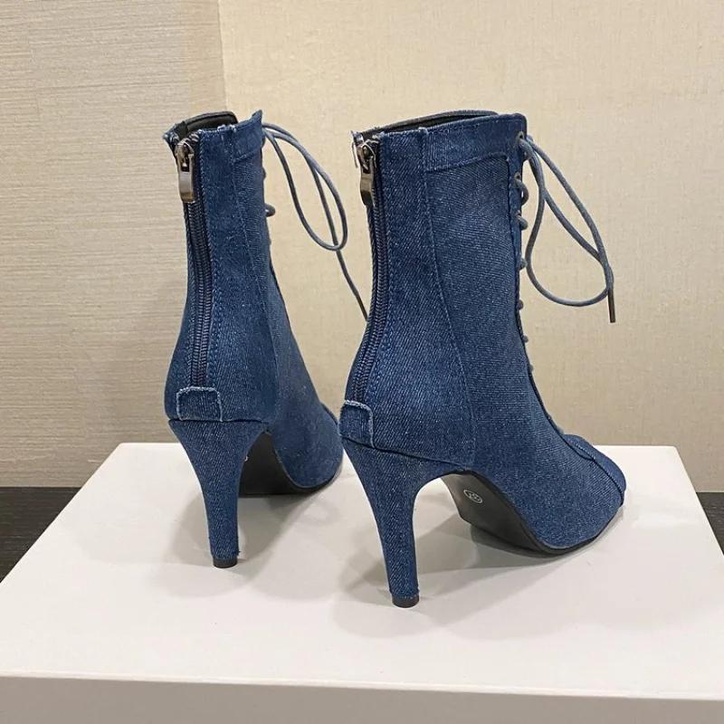 Fashion New Classic Blue Denim Fabric Cross-Strap Peep Toe Women Ankle Boots Spring Summer Sexy Elegant High Heels Party Dress Pumps