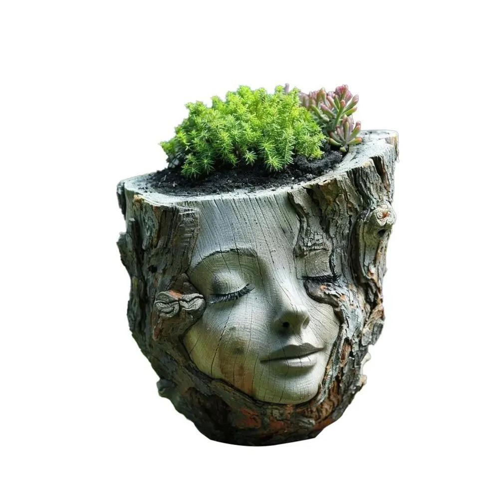 Resin Crafts Girl Face Flowerpot Funny Figure Planter Tree Stump Girl Pot Living Room Decoration
