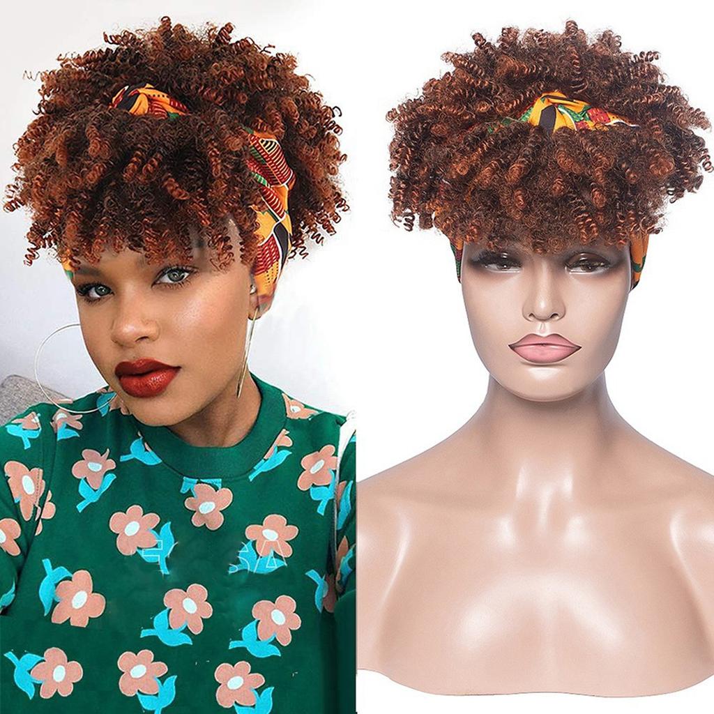 Afro Curly Kinky Synthetic Head Wraps Short Drawstring Puff Wigs with Small Cap Headband Scarf Wigs