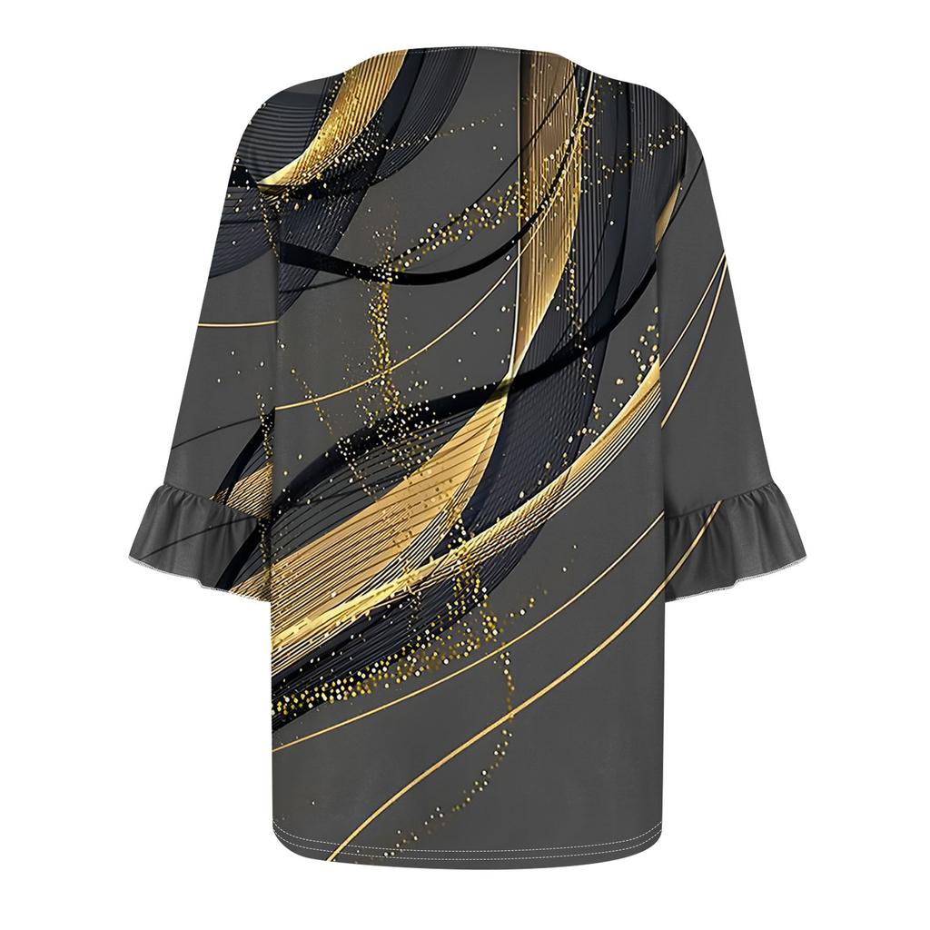 Women's Fashion Casual  Printed V-Neck Pleated Seven Minute Sleeve Ruffle Sleeve T-Shirt Plus Size Tops