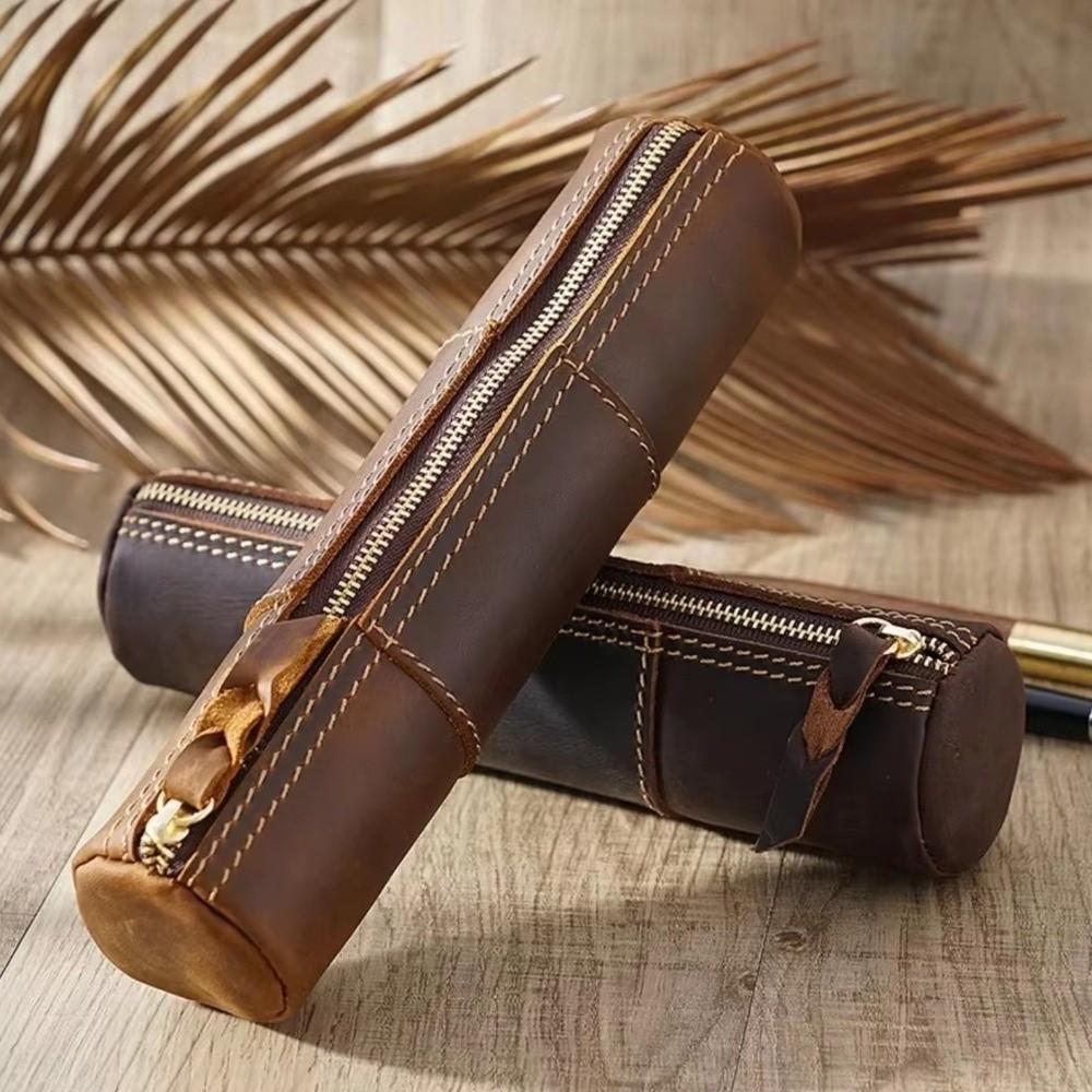 Genuine Cowhide Leather Pencil Case Retro Zipper Pencil Holder Storage Pouch Stationery Storage