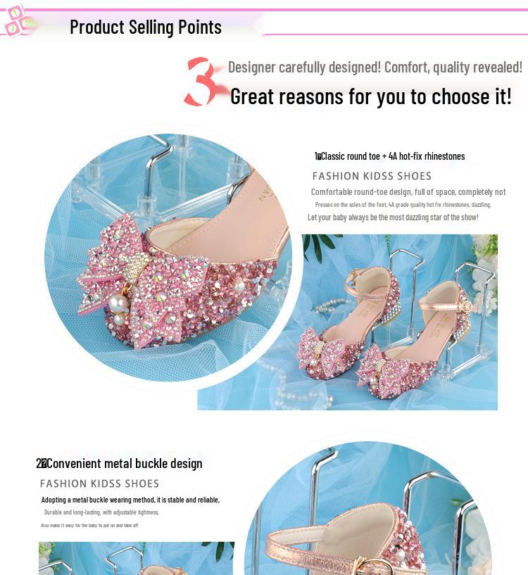 Girls Crystal Bow High Heel Shoes Shiny Princess Dress Footwear Piano Performances Leather Kids Party Pumps