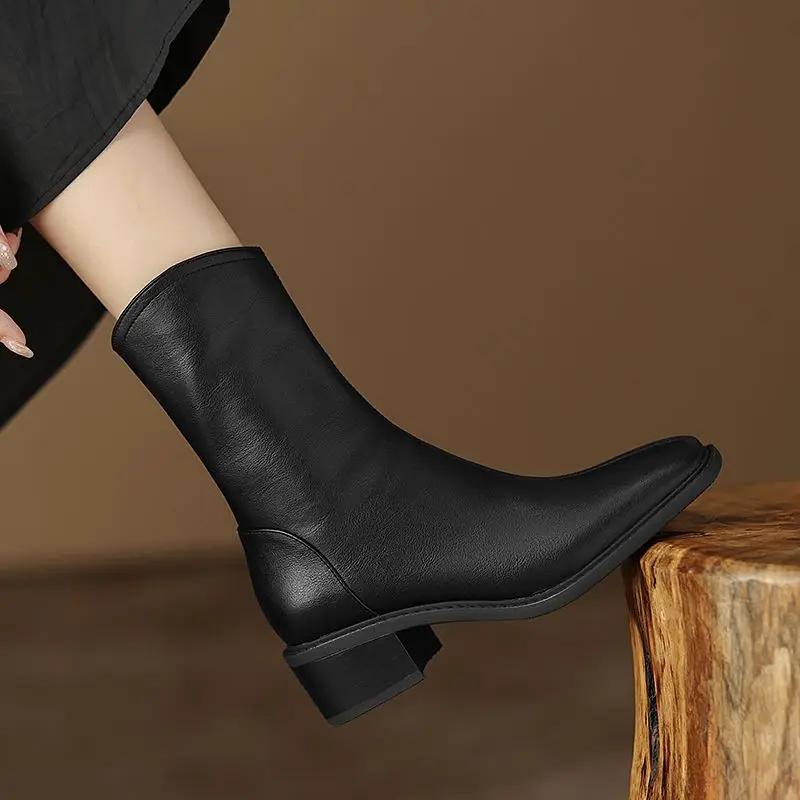 Fashion Square Toe Leather Warm Mid Calf Shoes Woman Gothic Hot Large Size Comfortable and Elegant Demi-season Half High Boots for Women