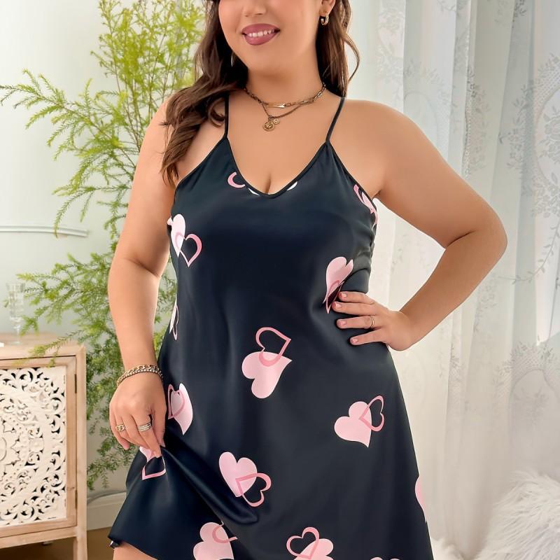 Plus Size Womens Heart Print Cross Back Cami Nightdress Comfortable Satin Sleepwear Fall