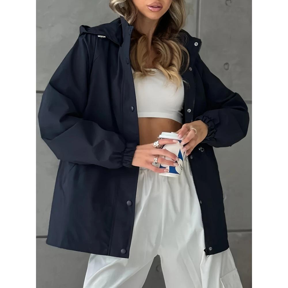 Women Hooded Windbreaker Jacket Drawstring Waist Snap Button Front Elastic Cuff Lightweight Outdoor Casual Waterproof JacketOuterwear