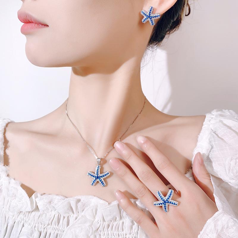 Jewelry Three-Piece Set, Starfish Necklace, Stud Earrings, Pentagram Exaggerated Women'S Style