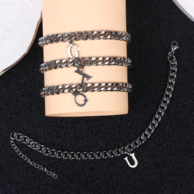 Mens Initials Links Bracelets Stainless Steel A-Z 26 Letters Alphabet Charm Chain Wristband Adjustable Casual Jewelry Gift