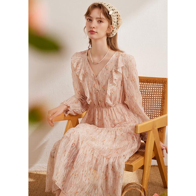 Women s French Pastoral Ruffled Floral Print Maxi Dress L