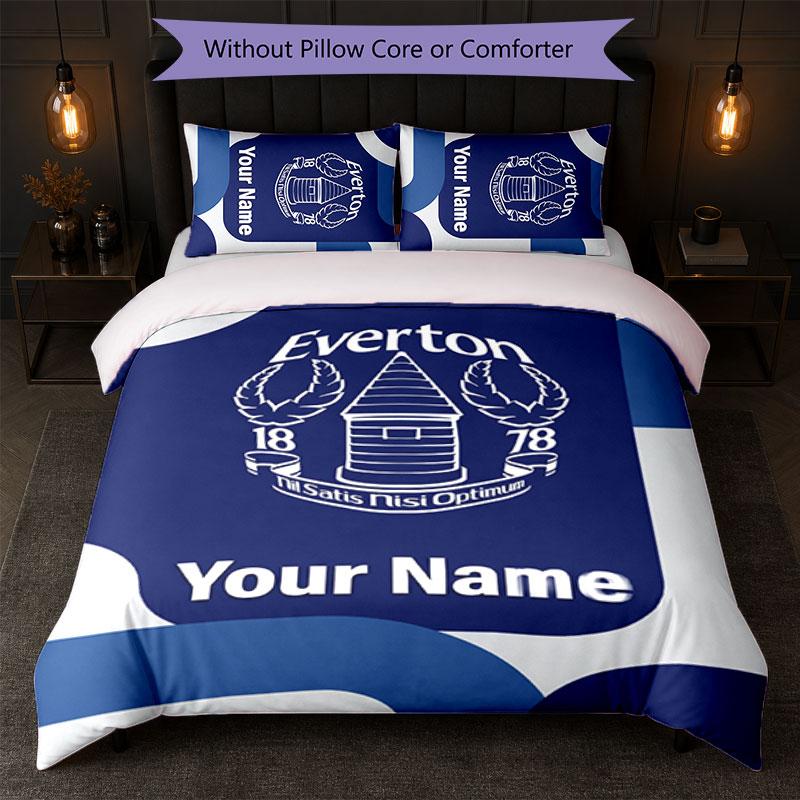 Everton FC Benutzerdefinierter Name Text Bettwäsche-Set 1 Bettbezug + 2 Kissenbezüge Fußball-Logo Personalisierte Geschenk für besonderen Anlass Schlafzimmer Dekor