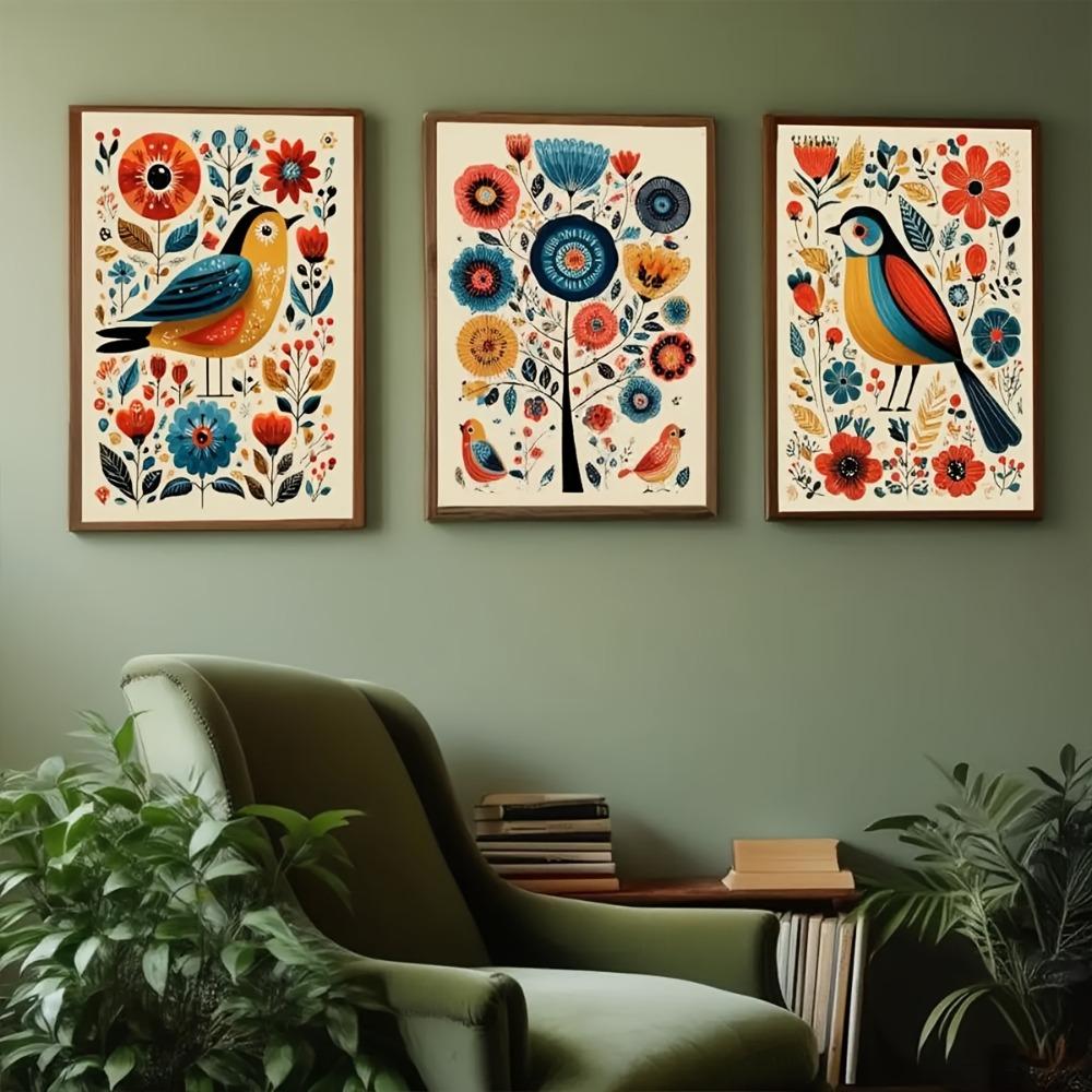 3pcs Frameless,Nordic Folk Art Flowers and Birds,Scandinavian Wall Art Cafe Living Room Bedroom Decor,Colorful Folk Bird Posters
